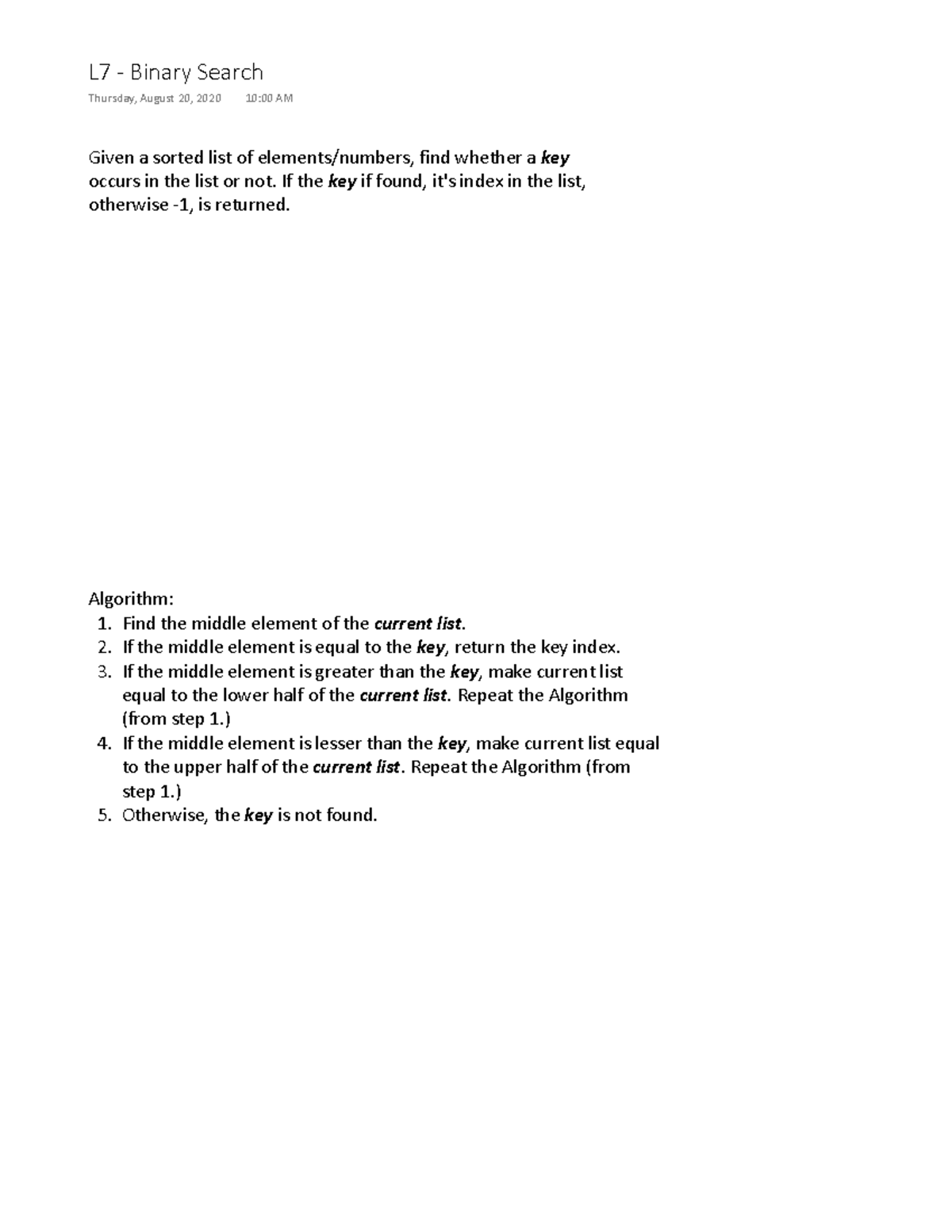 L7 Binary Search - Intro to Algorithms 3rd Ed. Assignment Notes - Studocu
