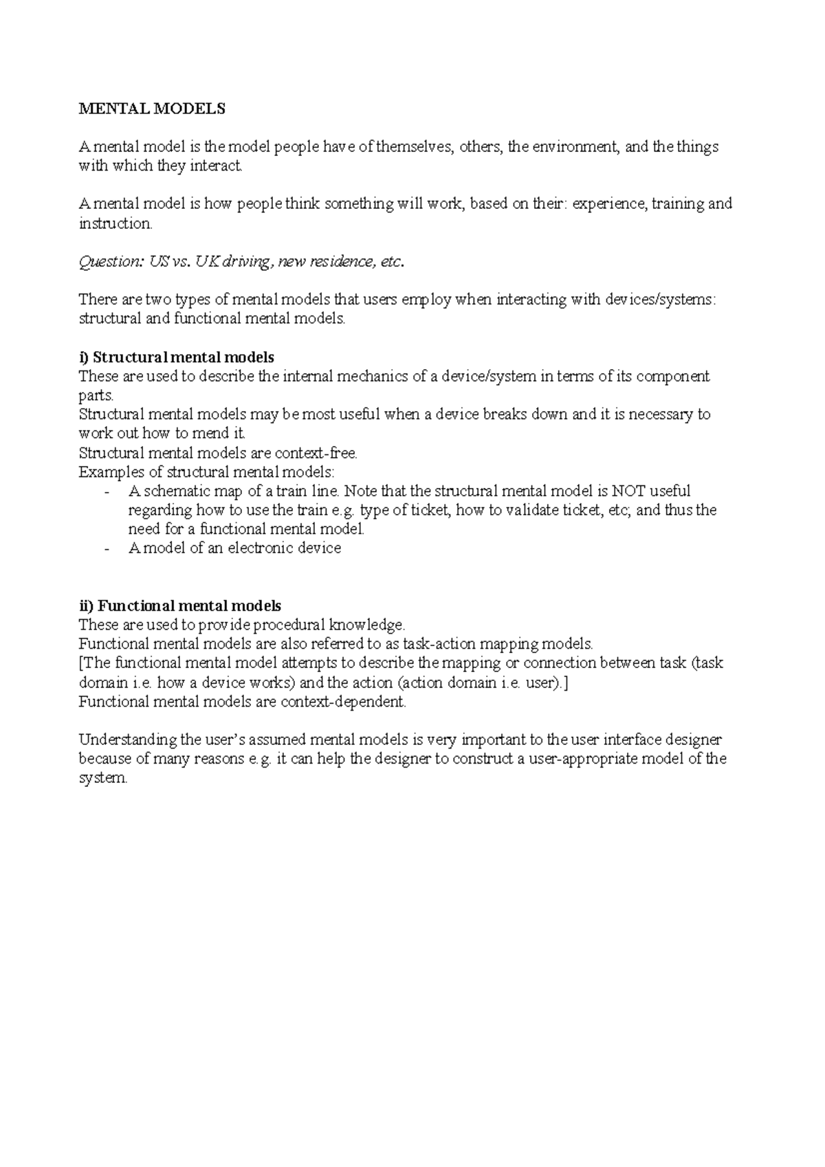 Mental models - Lecture notes 6 - MENTAL MODELS A mental model is the ...