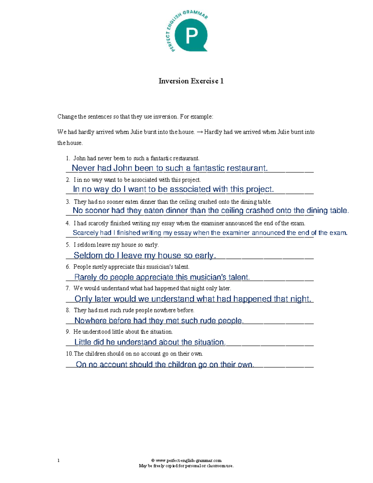 Inversion Exercise 1: Transforming Sentences with Inversion - Studocu