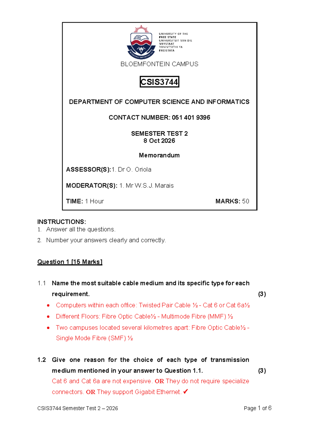 CSIS3744 Semester Test 2 Memorandum 2026 - Computer Science - Studocu