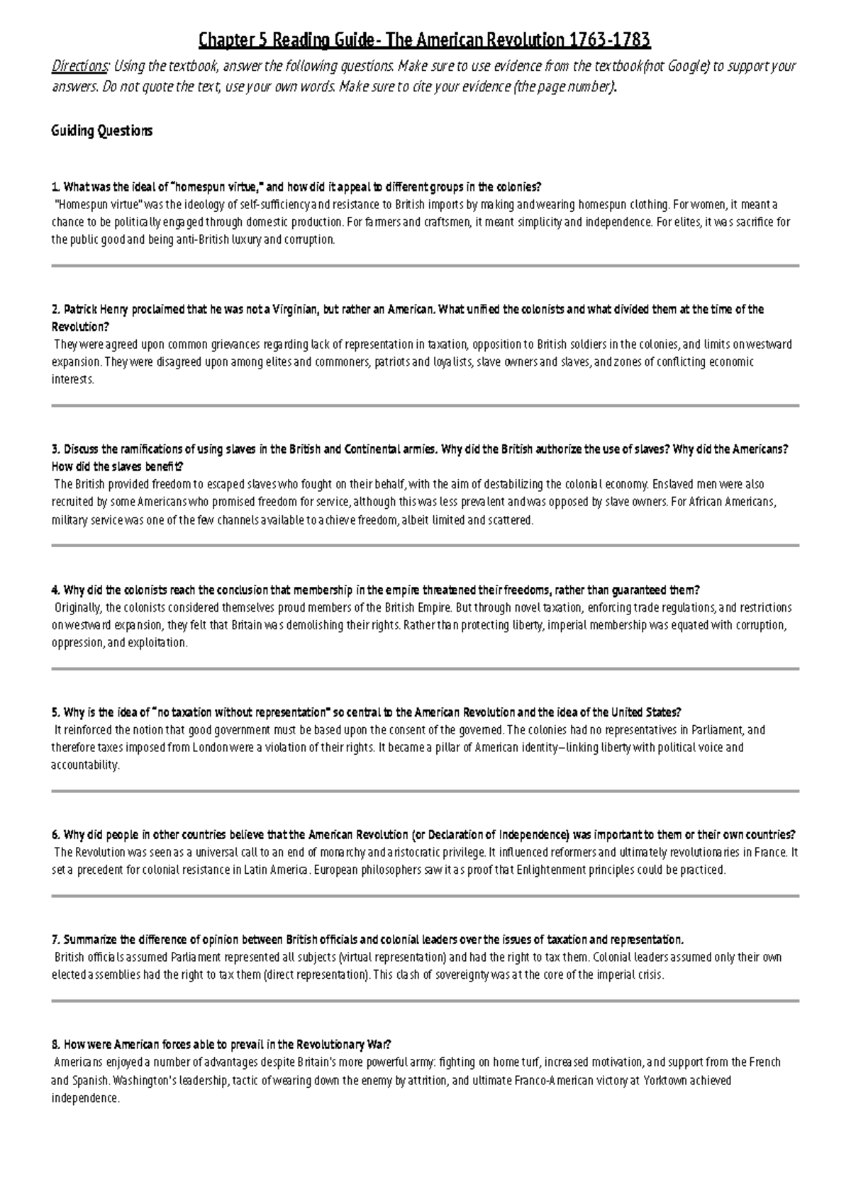 Ch. 5 Foner Give Me Liberty: The American Revolution Reading Guide ...