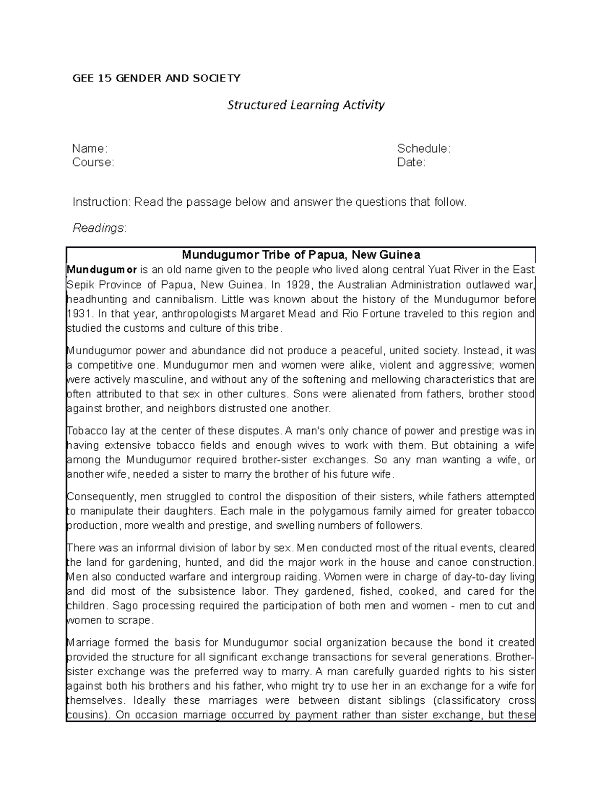 Gender and Culture Pre assessment Activity - GEE 15 GENDER AND SOCIETY ...