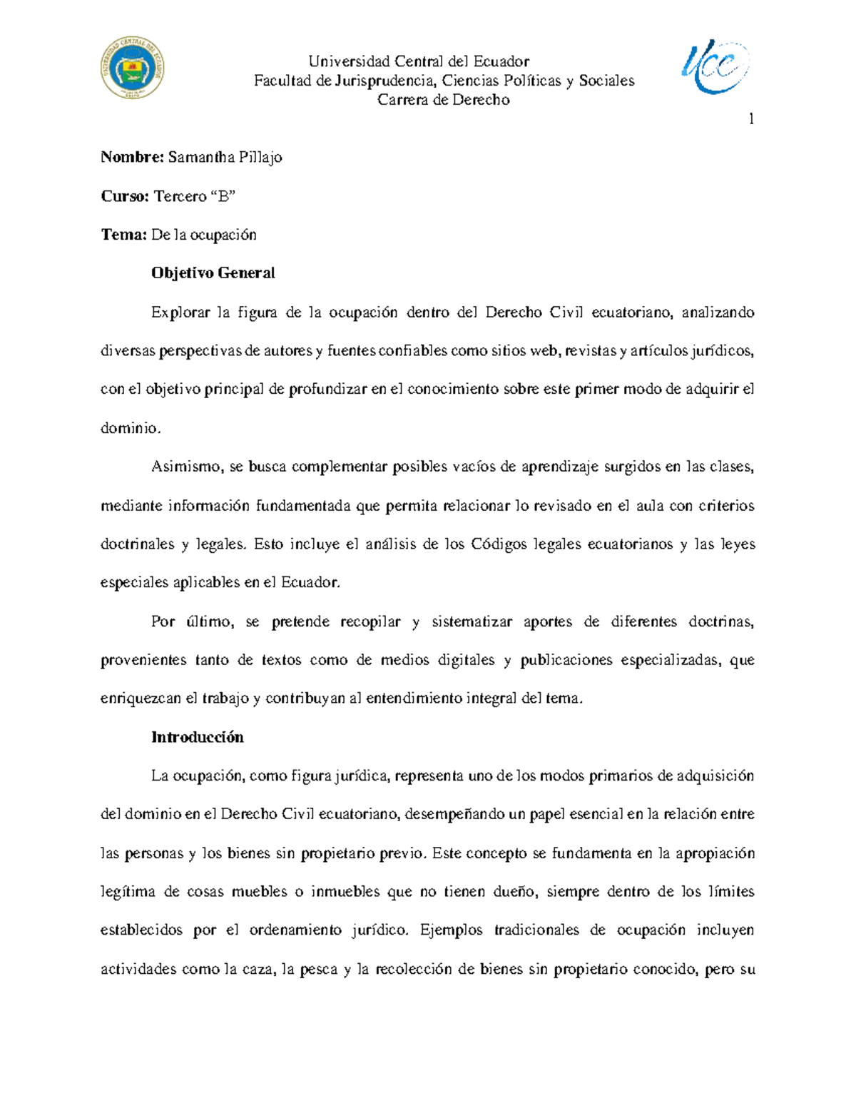 Derecho Civil Ecuatoriano: Análisis de la Ocupación - Curso Tercero - Document Preview