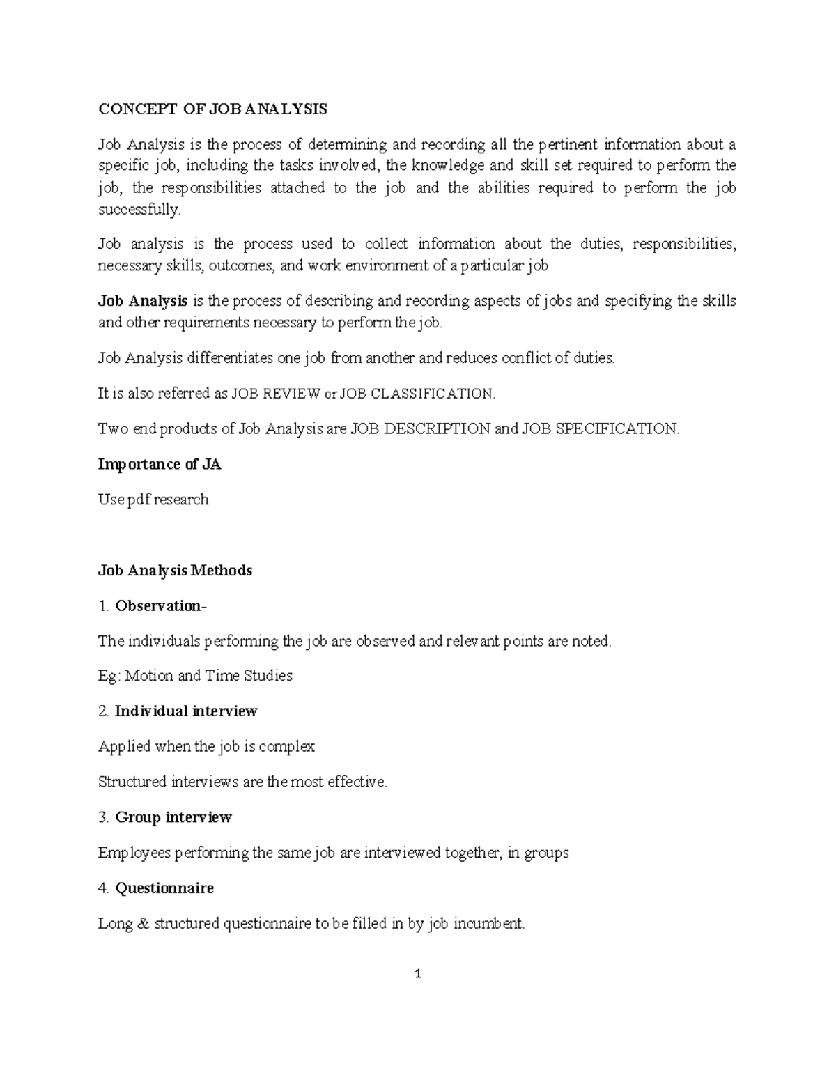Concept of Job Analysis: Importance, Methods, and Relevance Today - Studocu