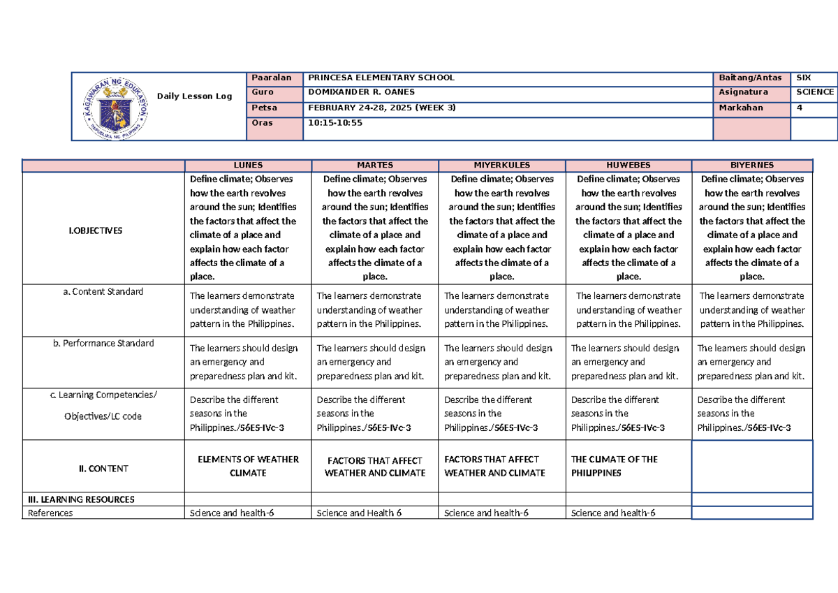 Dll science w3 q4 - professional growth - Daily Lesson Log Paaralan ...