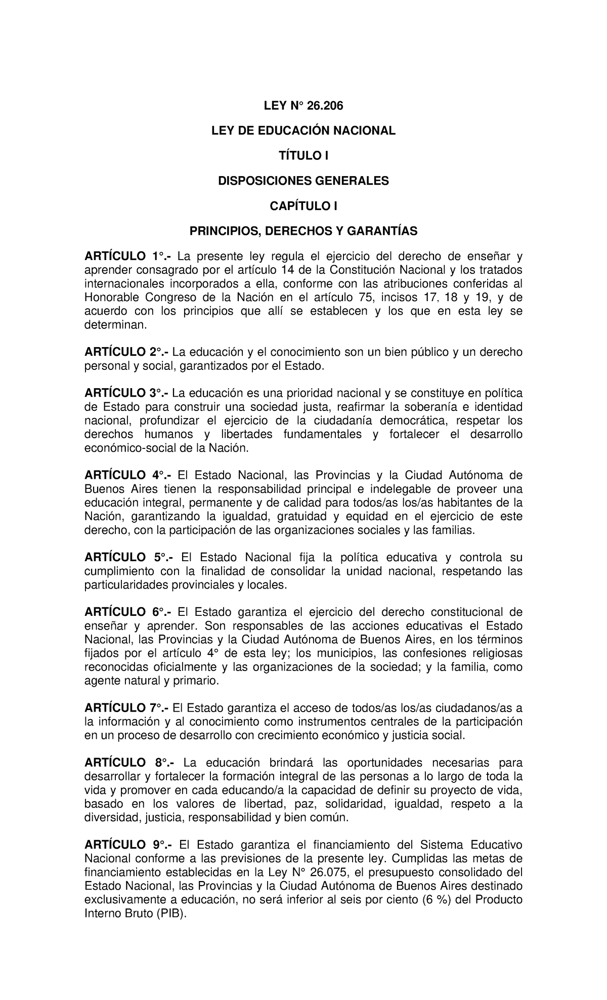 Ley de Educación Nacional 26.206: Principios y Disposiciones Generales ...