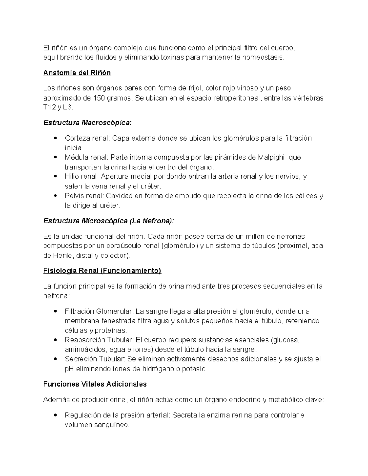 Anatomía del Riñón - Apuntes de Estudio LIT 101 - Studocu