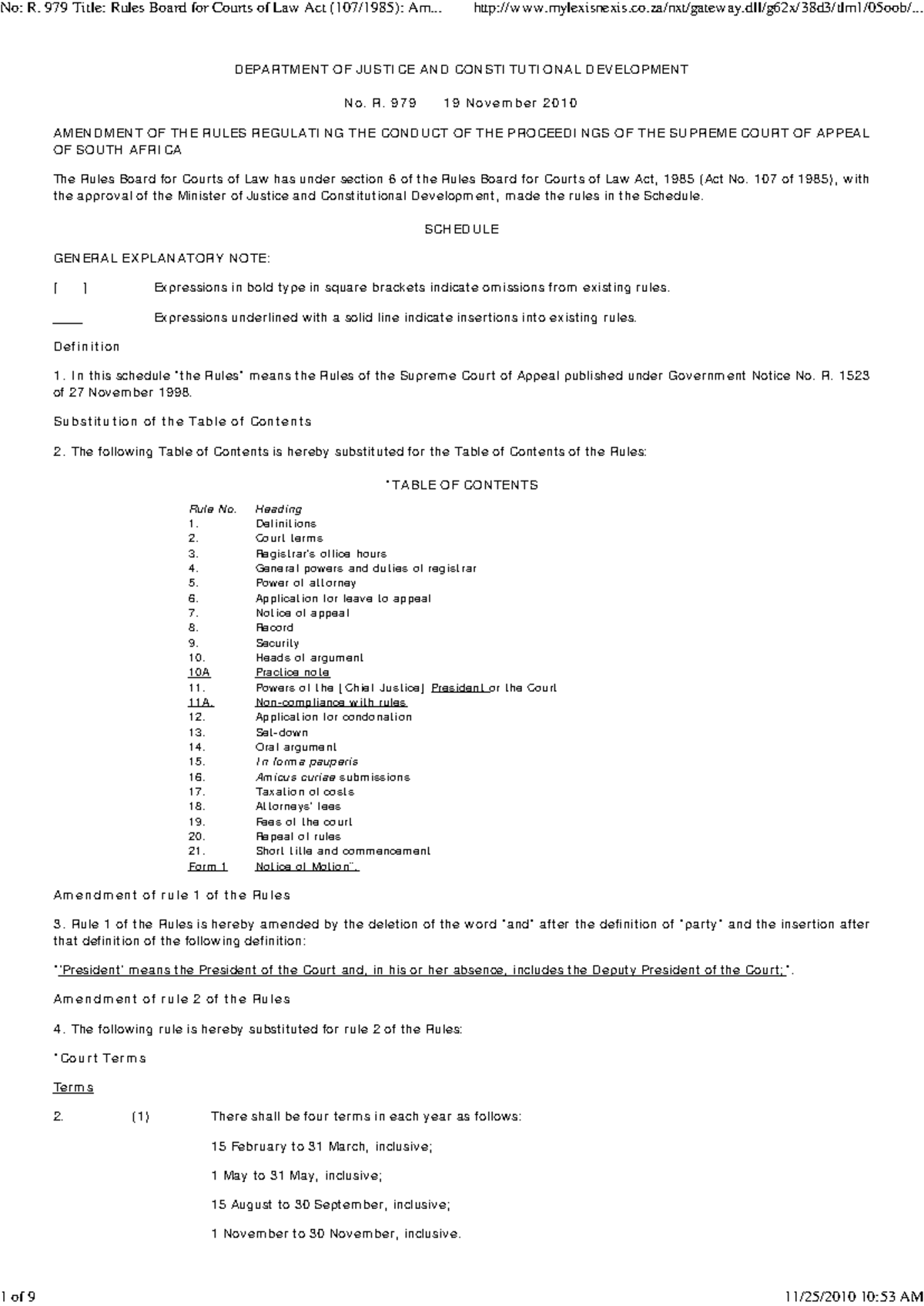 Amendment of Rules for the Supreme Court of Appeal - SCA-REG-10 - Studocu