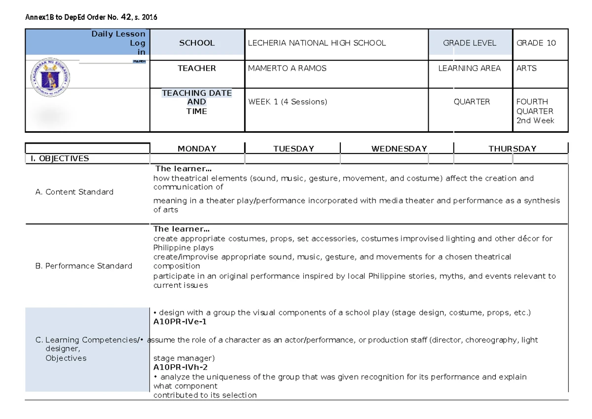 Q2 Grade 10 MAPEH Arts Daily Lesson Log - Week 1 - Studocu