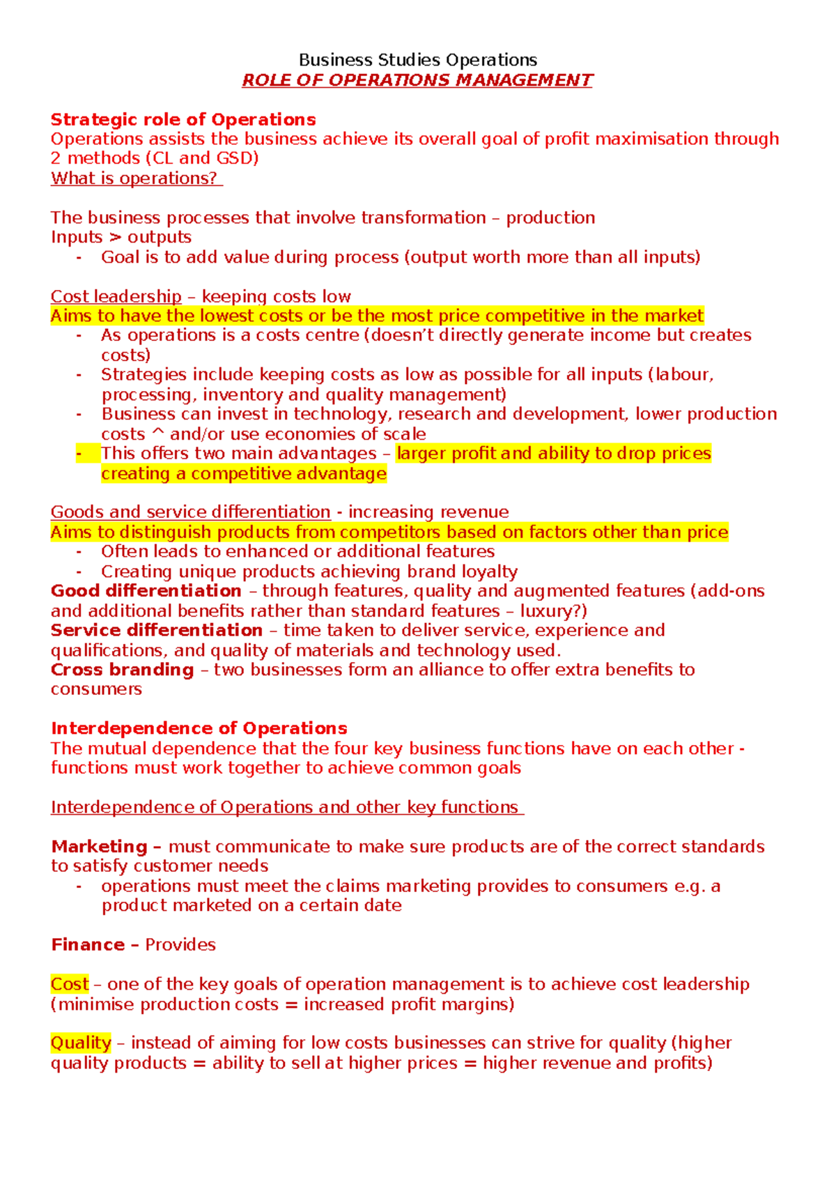 Operations Management Notes: Strategic Role in Business (BS) - Studocu