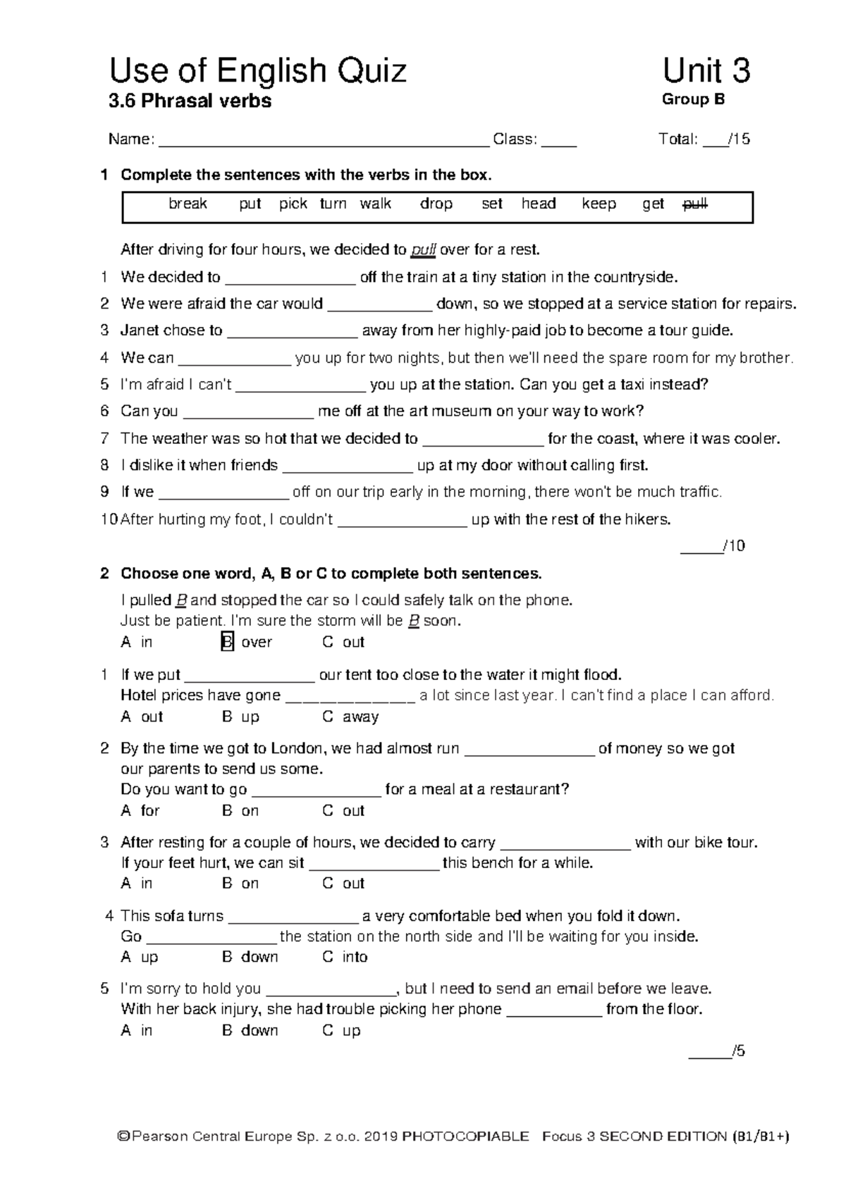 Focus 3 2E Uo E Quiz Unit 3: Phrasal Verbs Group B - Studocu