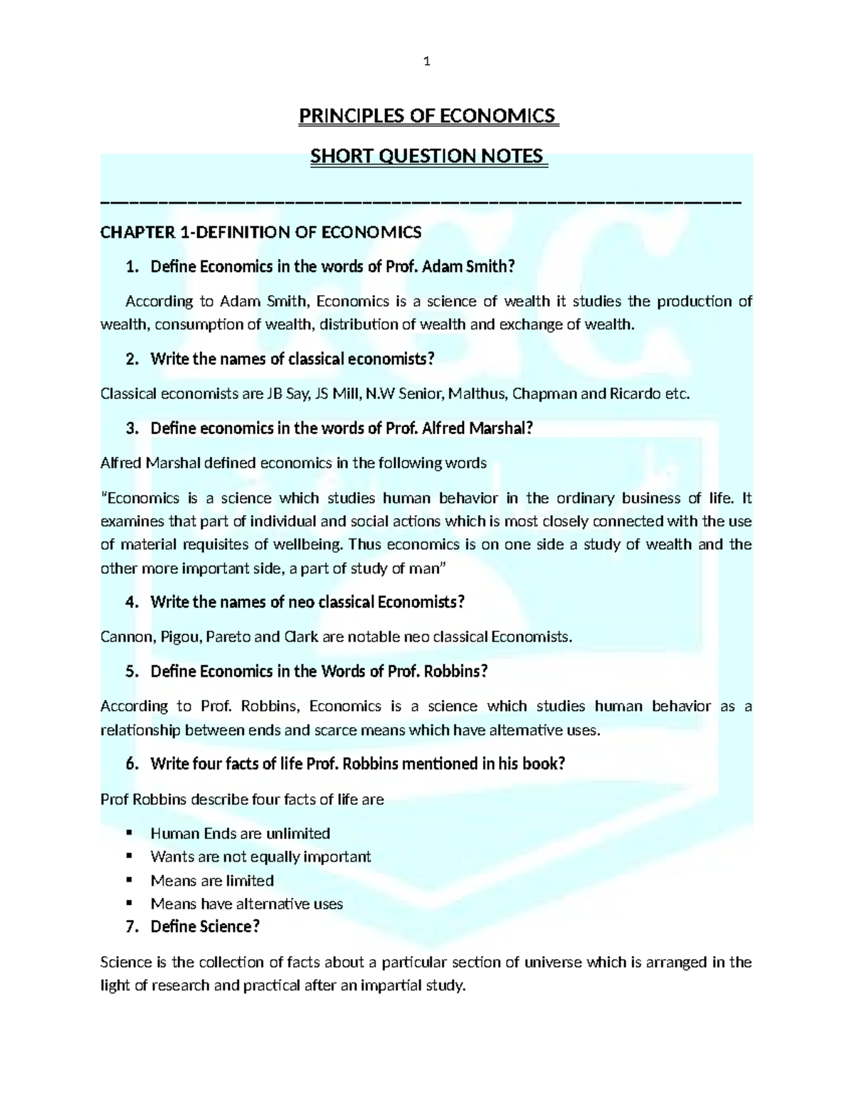 Principles of Economics (ECO101) Chapter Notes and Short Questions ...