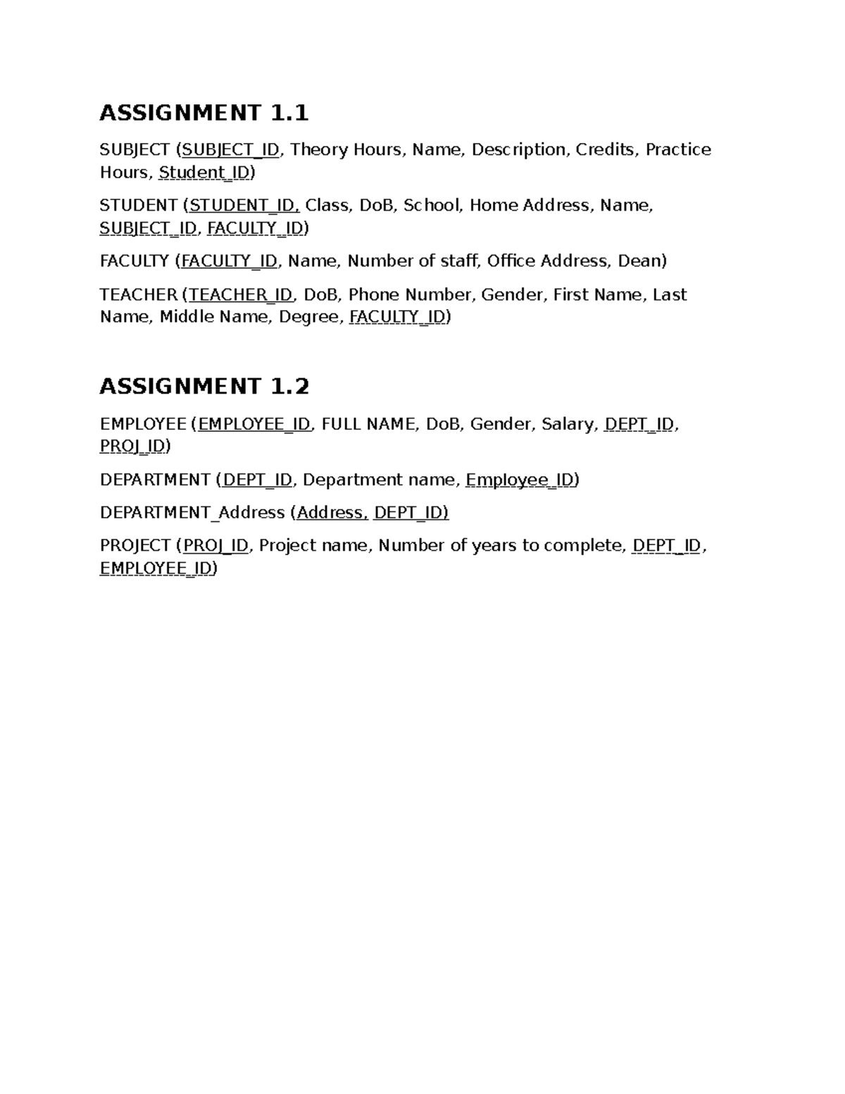 Assignment 1 - Bài tập - ASSIGNMENT 1. SUBJECT (SUBJECT_ID, Theory ...