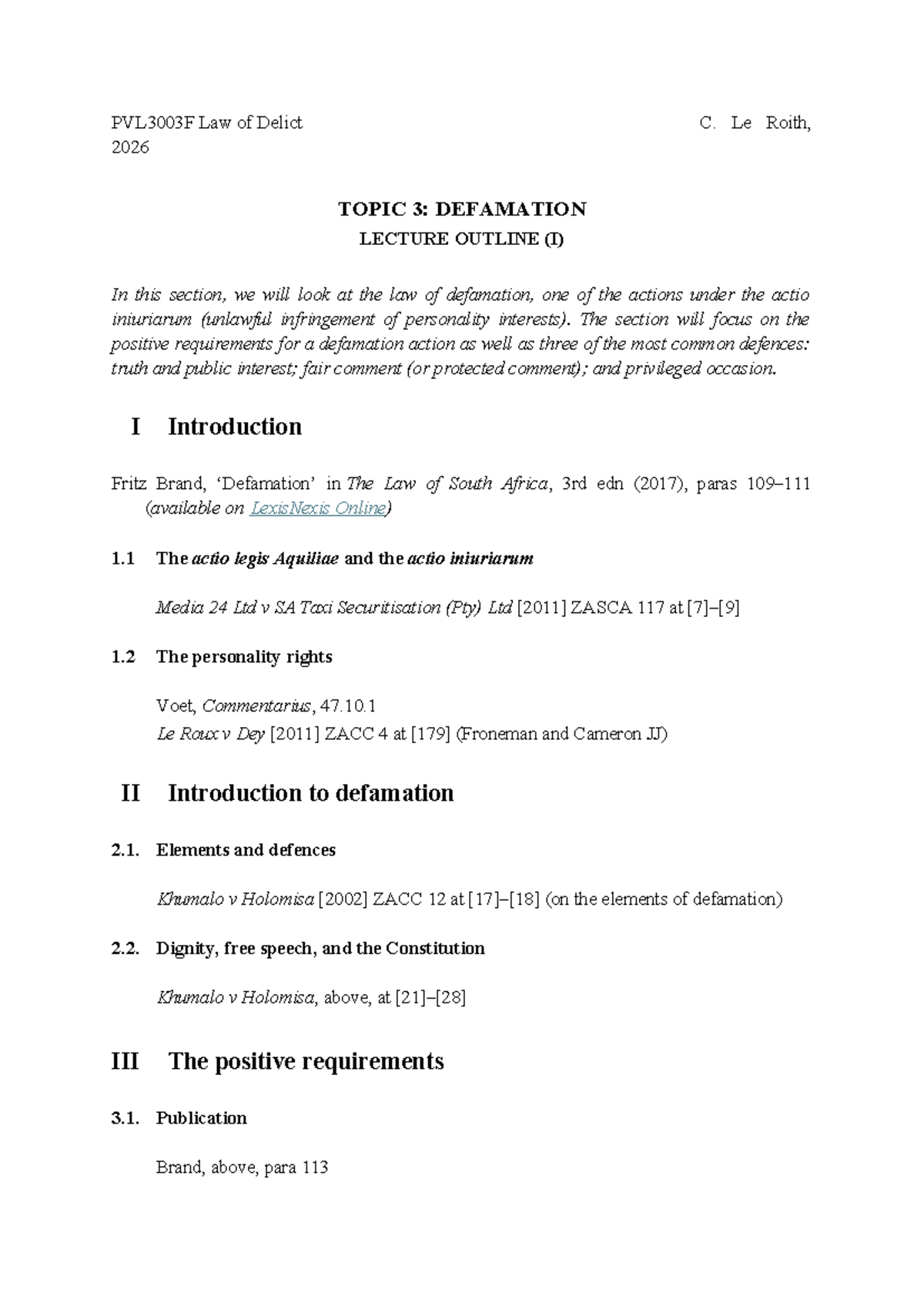 PVL3003F Law of Delict 2026: Defamation Lecture Outline - Studocu