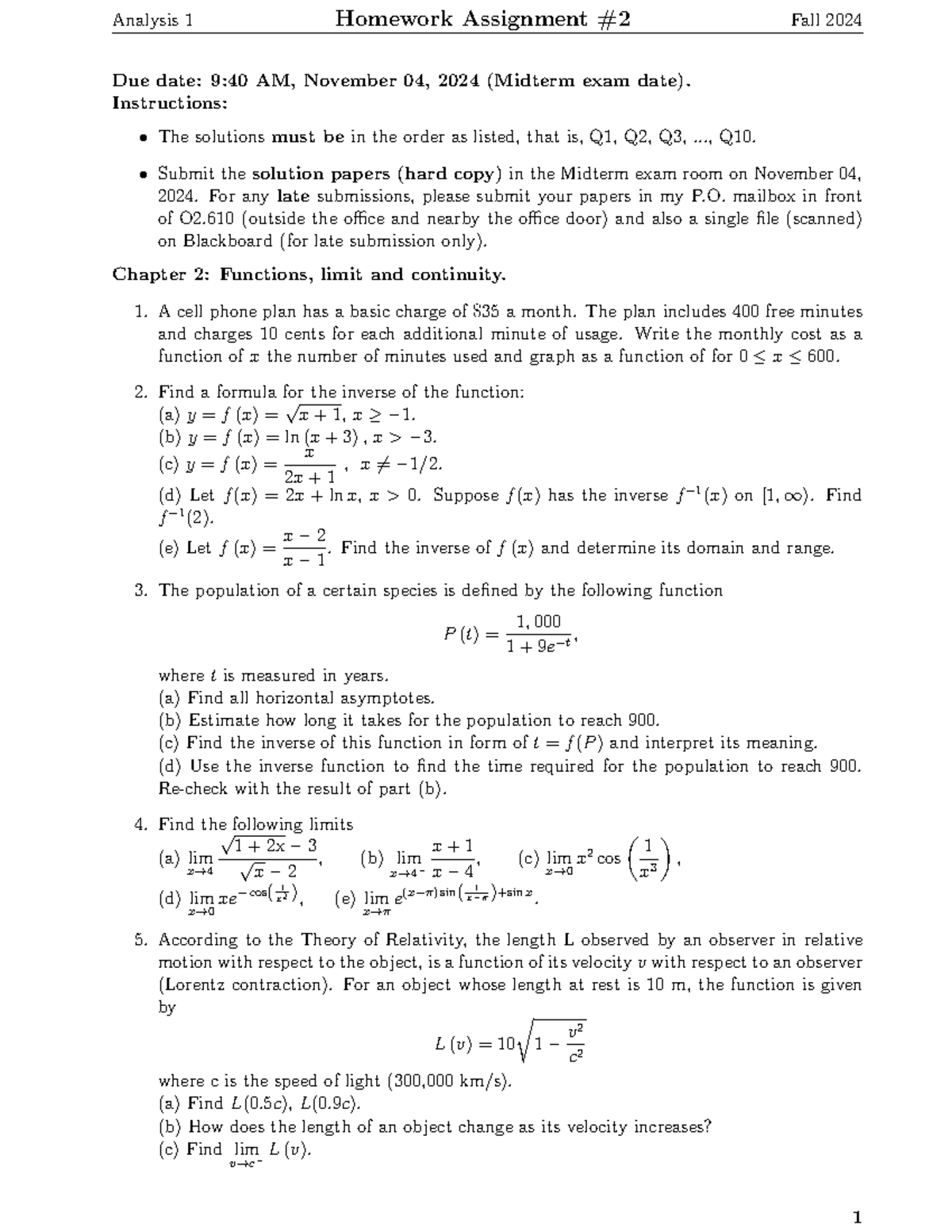 Ana1 HW Assignment 2: Functions, Limits & Continuity Analysis - Studocu
