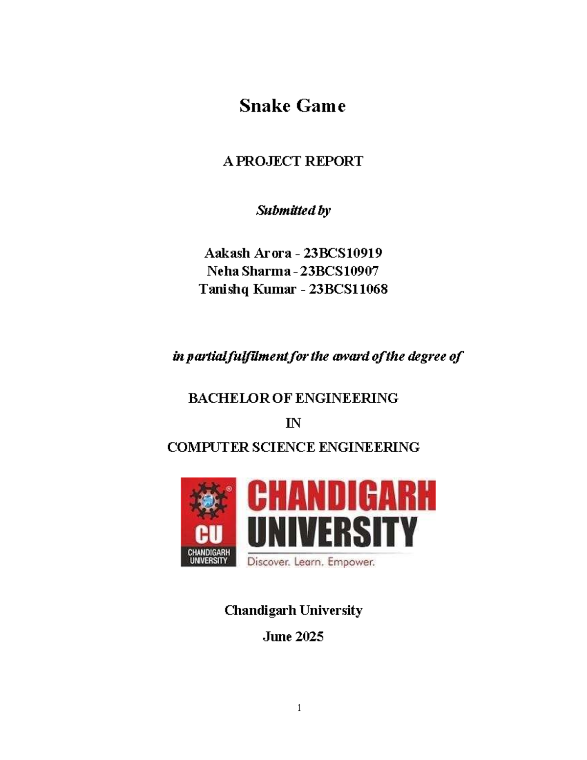 Snake Game Project Report (23BCS10919, 23BCS10907, 23BCS11068) - Studocu