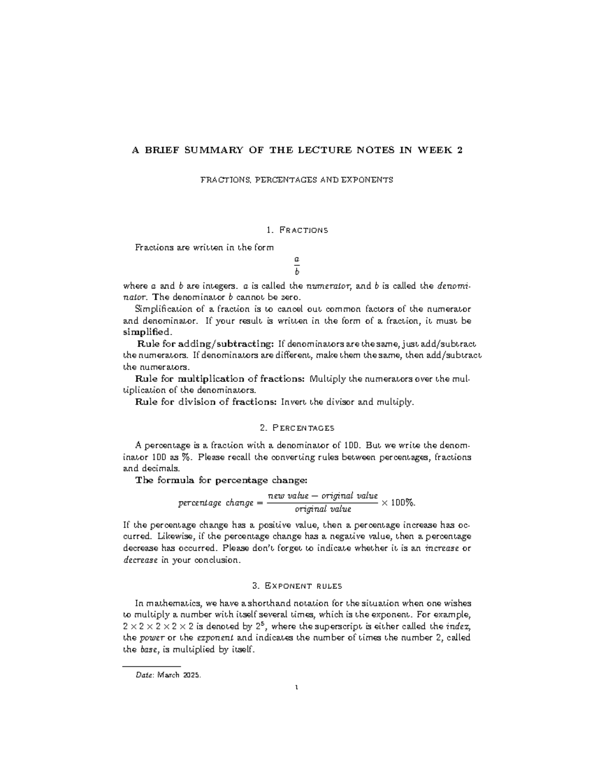 Week 2 Lecture Notes: Fractions, Percentages & Exponents - Studocu