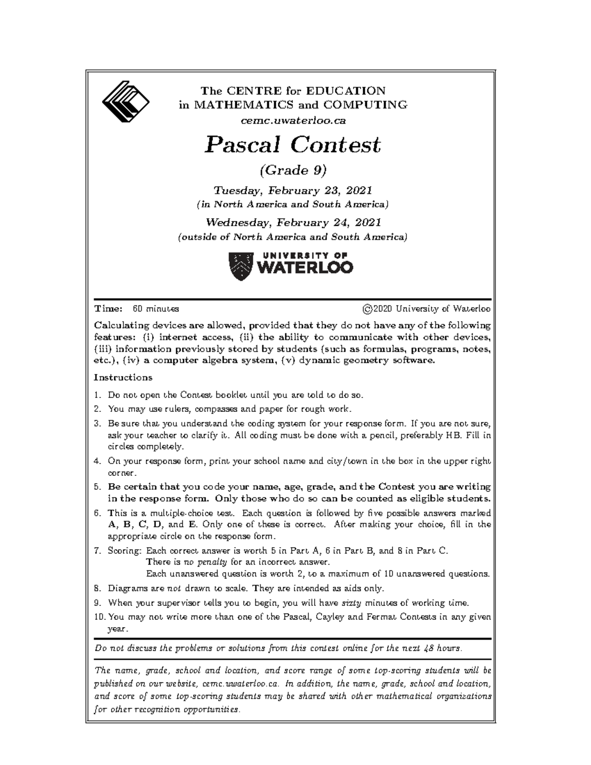 2021 Pascal Contest (Grade 9) - Olympiad Exam Guide - Studocu