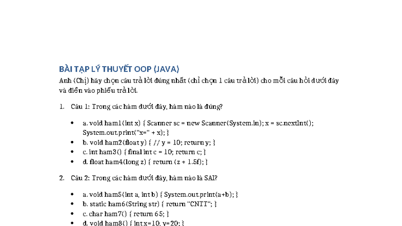 BÀI TẬP LÝ THUYẾT OOP (JAVA) - Câu Hỏi và Đáp Án - Studocu