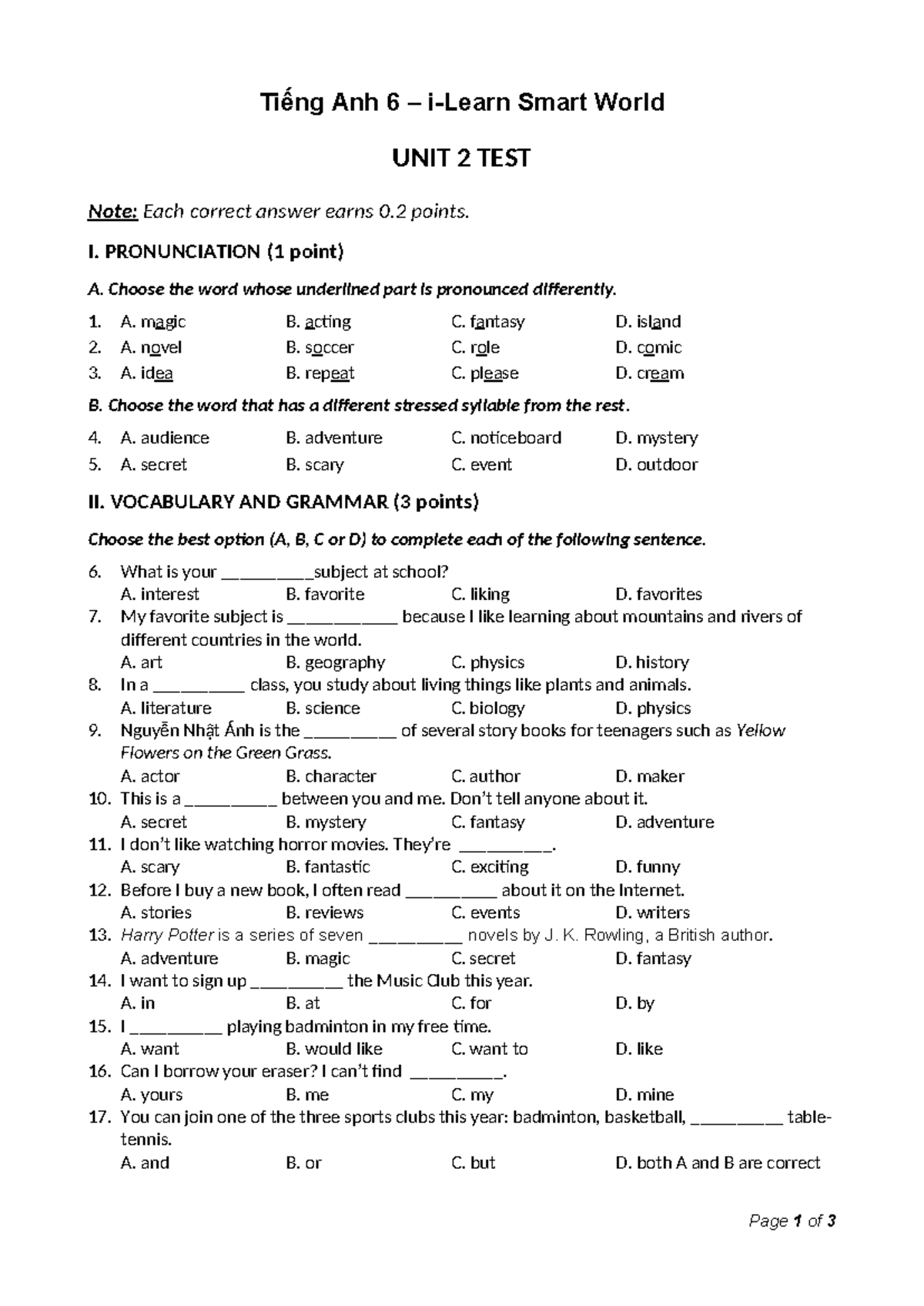Tiếng Anh 6 Smart World - UNIT 2 TEST Review Notes - Studocu