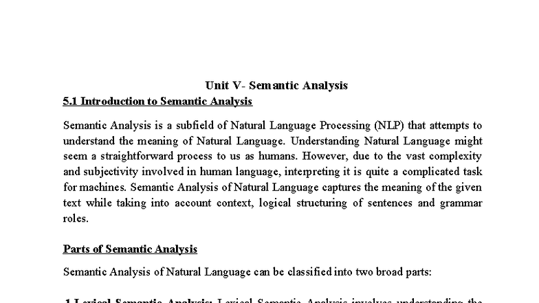 NLP Unit 3: Comprehensive Overview of Semantic Analysis - Studocu