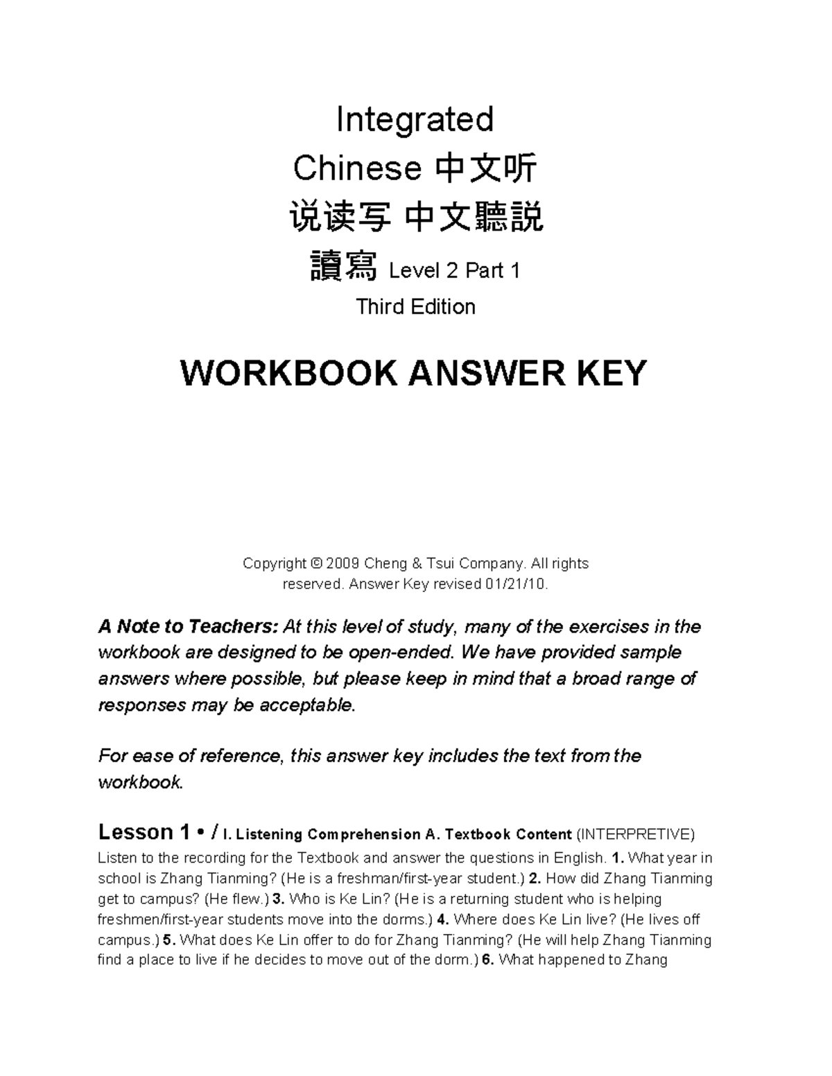 Chinese Level 2 - Lesson 1 to 2 Listening & Workbook Guide - Studocu