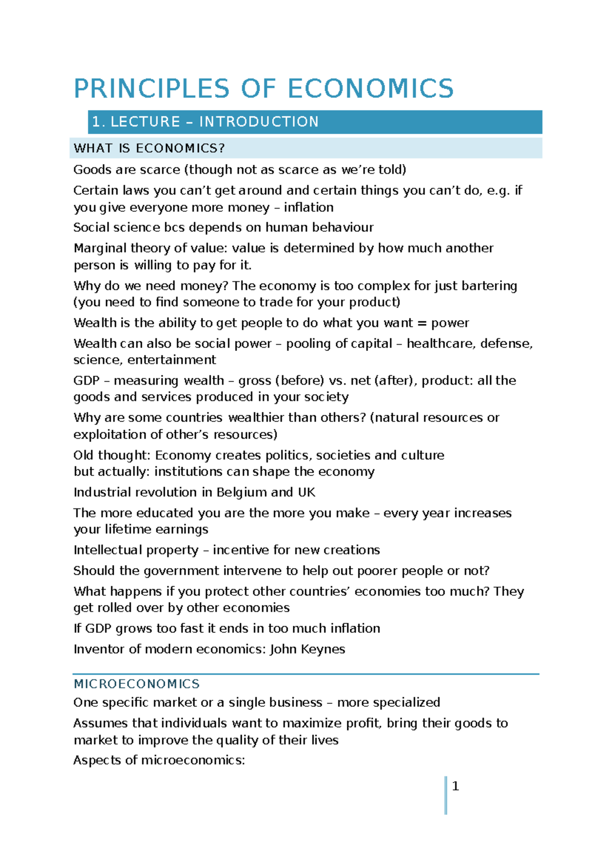 Principles of Economics 1: Lecture Notes on Key Concepts - Studeersnel