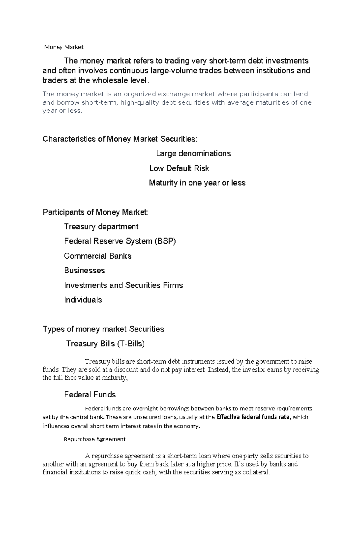 Money Market Overview: Key Concepts and Securities - Studocu