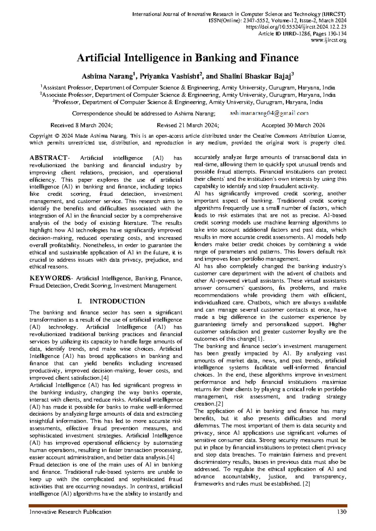 Artificial Intelligence in Banking and Finance - ISSN(Online): 2347 ...
