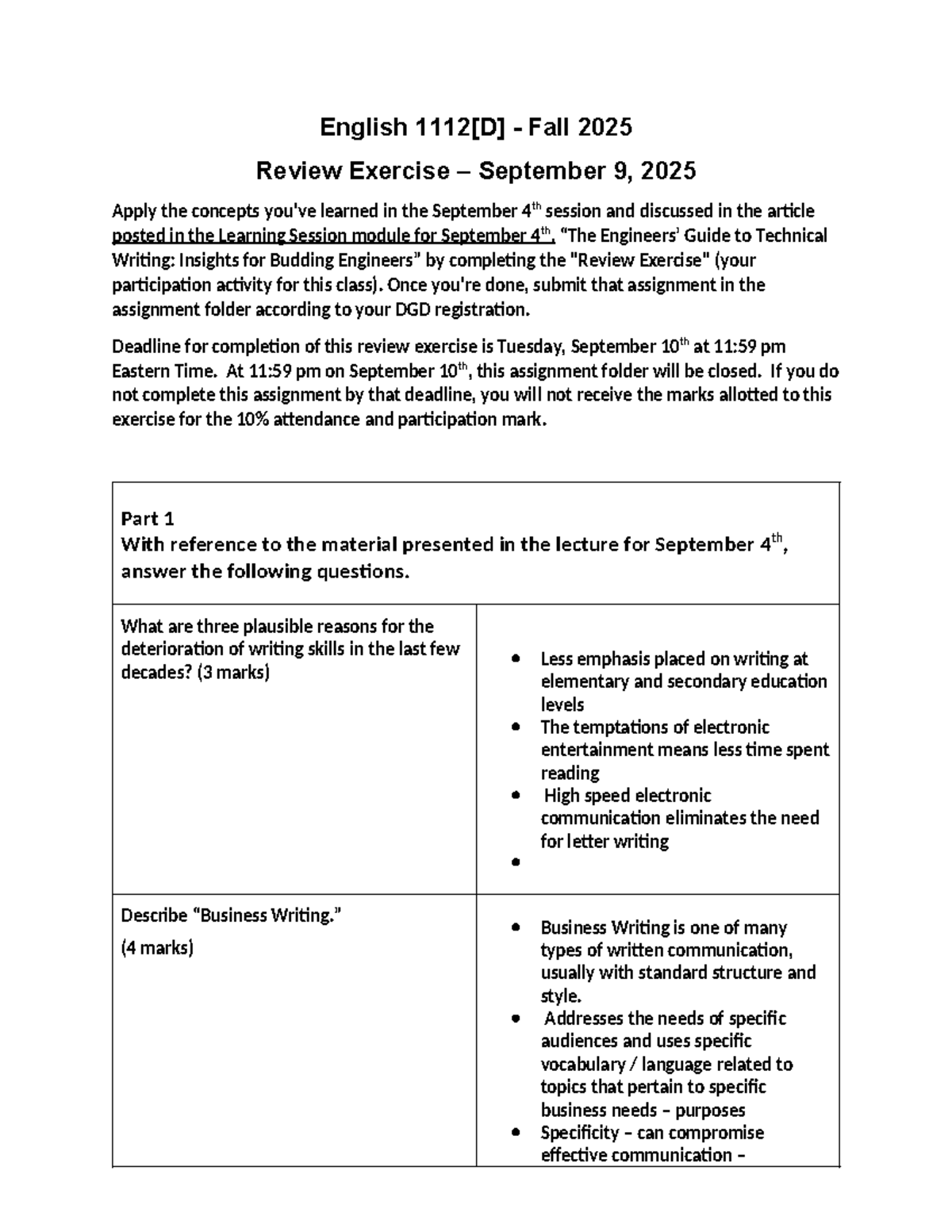 ENG 2025 Final Exam Review Exercise - September 9, 2025 - Studocu