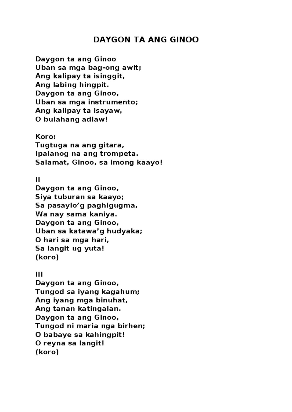 DAYGON TA ANG GINOO: Mass Songs for August 10, 2025 - Studocu