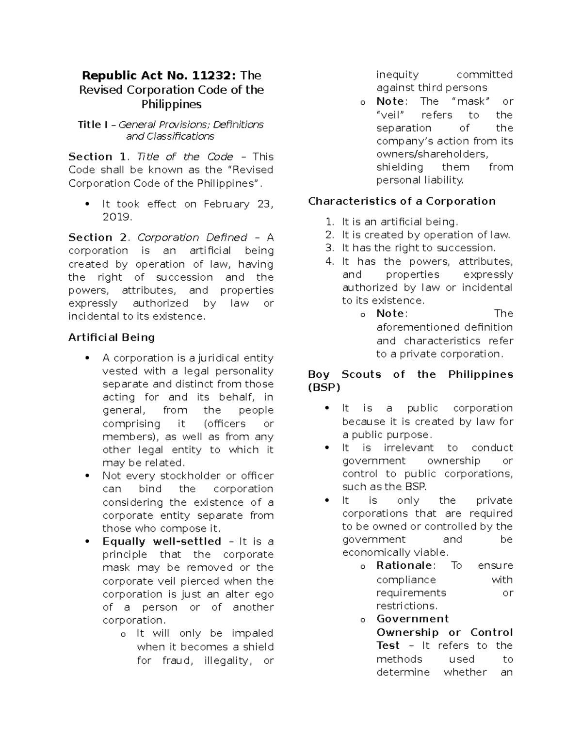 Republic Act No. 11232: Revised Corp Code of the Philippines Notes ...
