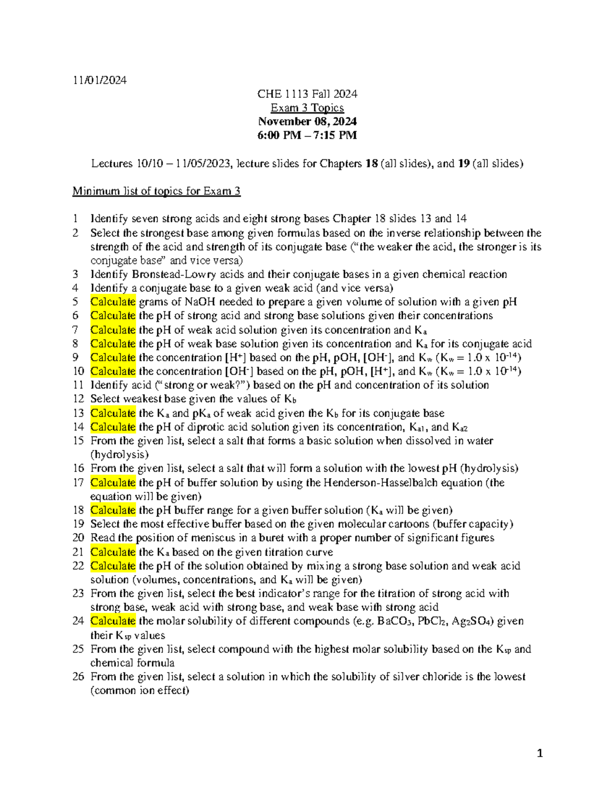 Exam 3 Study Topics for CHE 1113 - Fall 2024 - Studocu