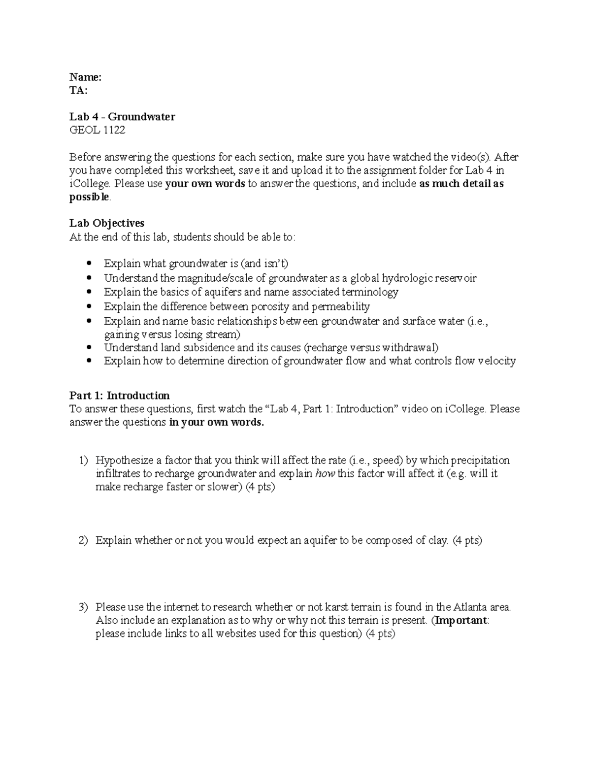 GEOL 1122 Lab 4 - Groundwater Concepts & Questions - Studocu