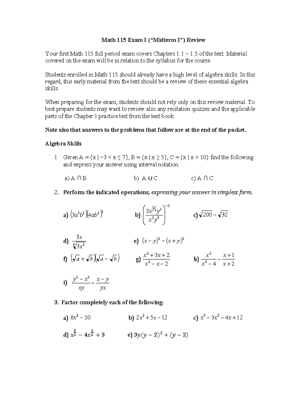 Math 115 Exam I Review: Chapters 1.1 - 1.5 Exercises - Studocu