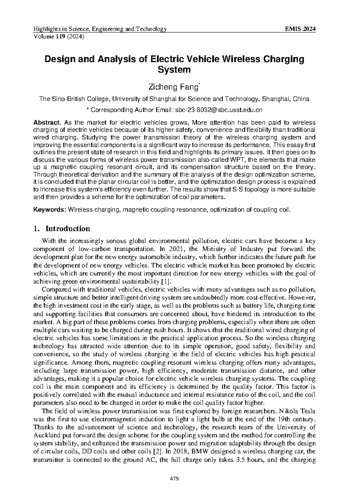 Design and Analysis of Electric Vehicle Wireless Charging System (EMIS ...