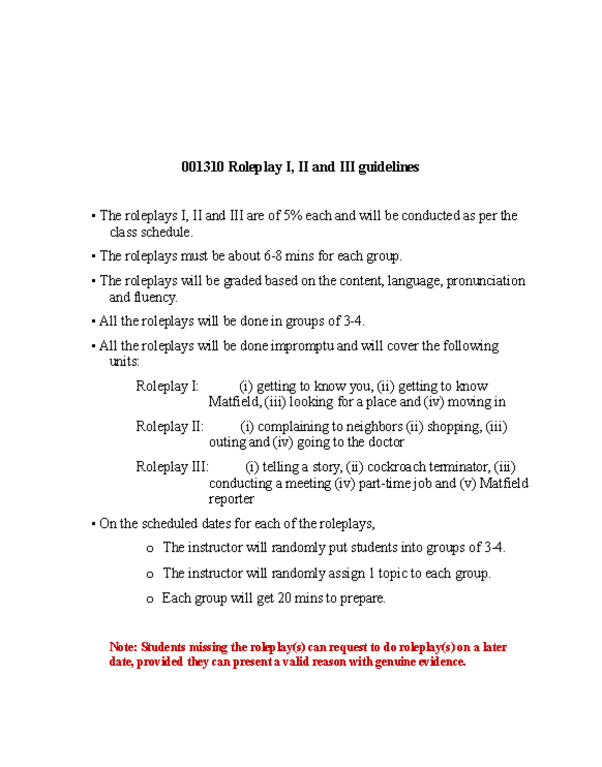 001310 Roleplay I & II Guidelines for Group Presentations - Studocu