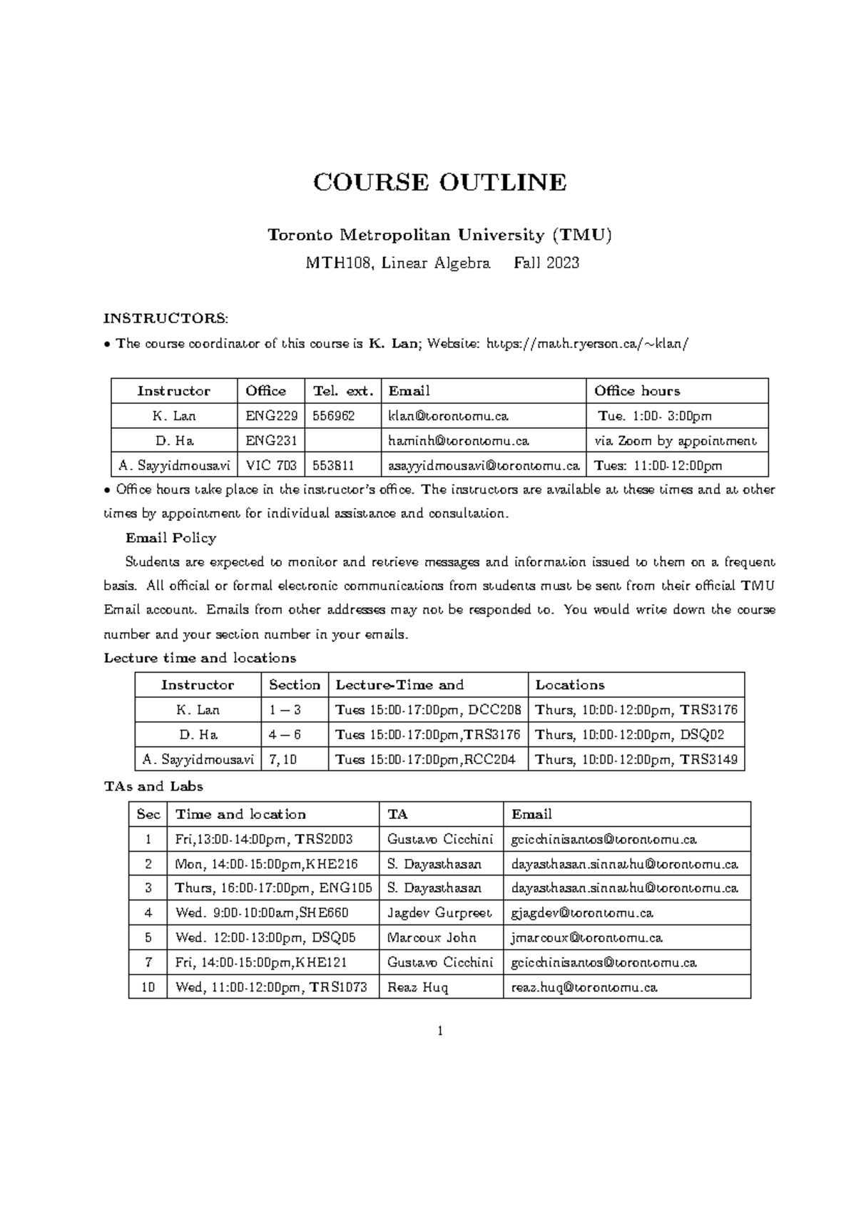 MTH108 Course Outline: Linear Algebra Fall 2023 - Revised Edition - Studocu