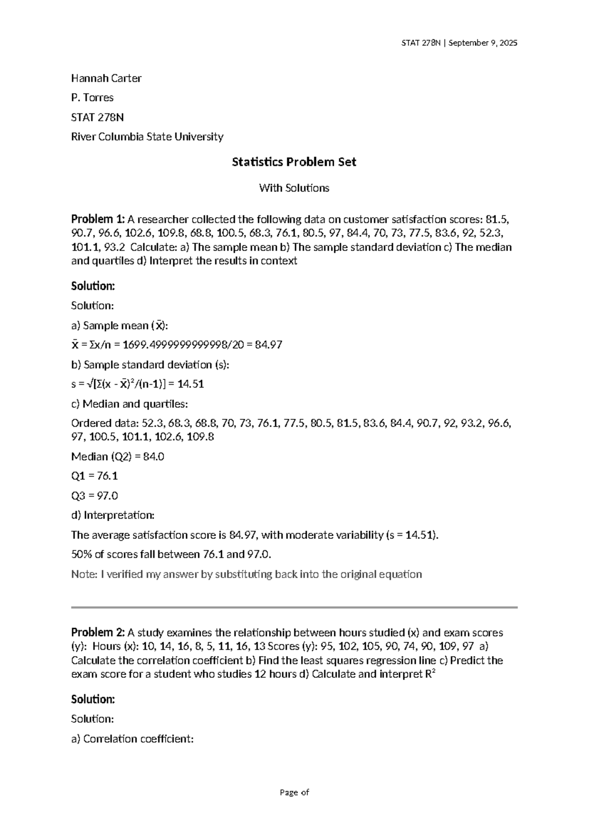 STAT 278N Statistics Problem Set Solutions and Analysis - Studocu