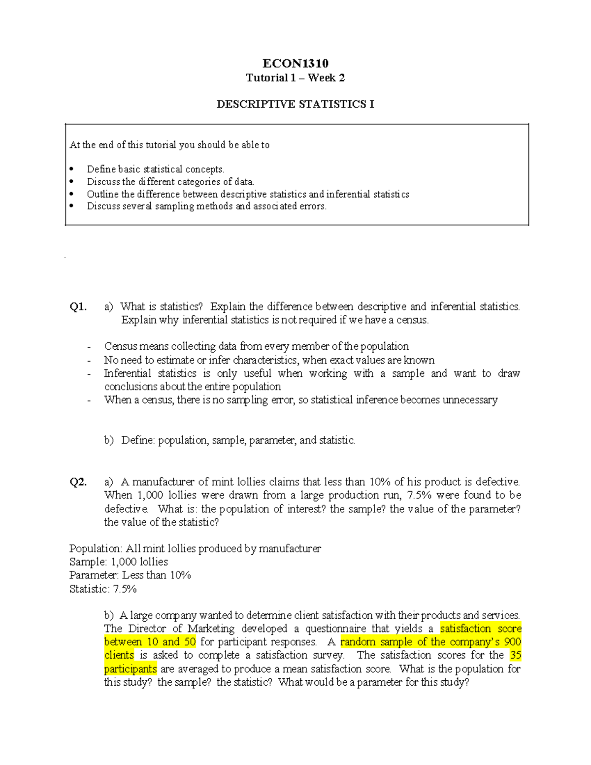 ECON1310 Tutorial 1: Descriptive Statistics & Sampling Methods - Studocu