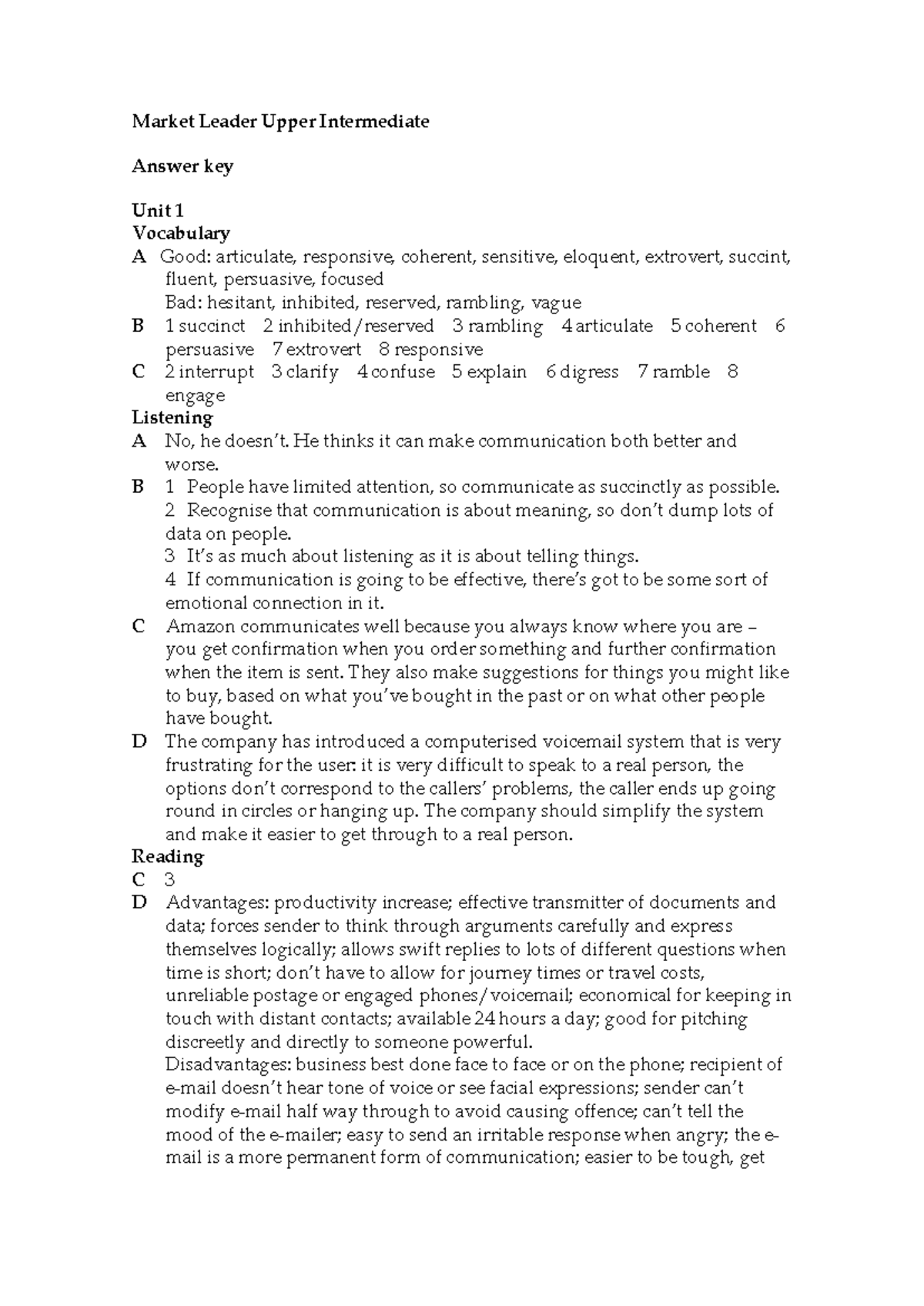 Market Leader Upper Intermediate Answer Key: Unit 1 Vocabulary & Skills ...