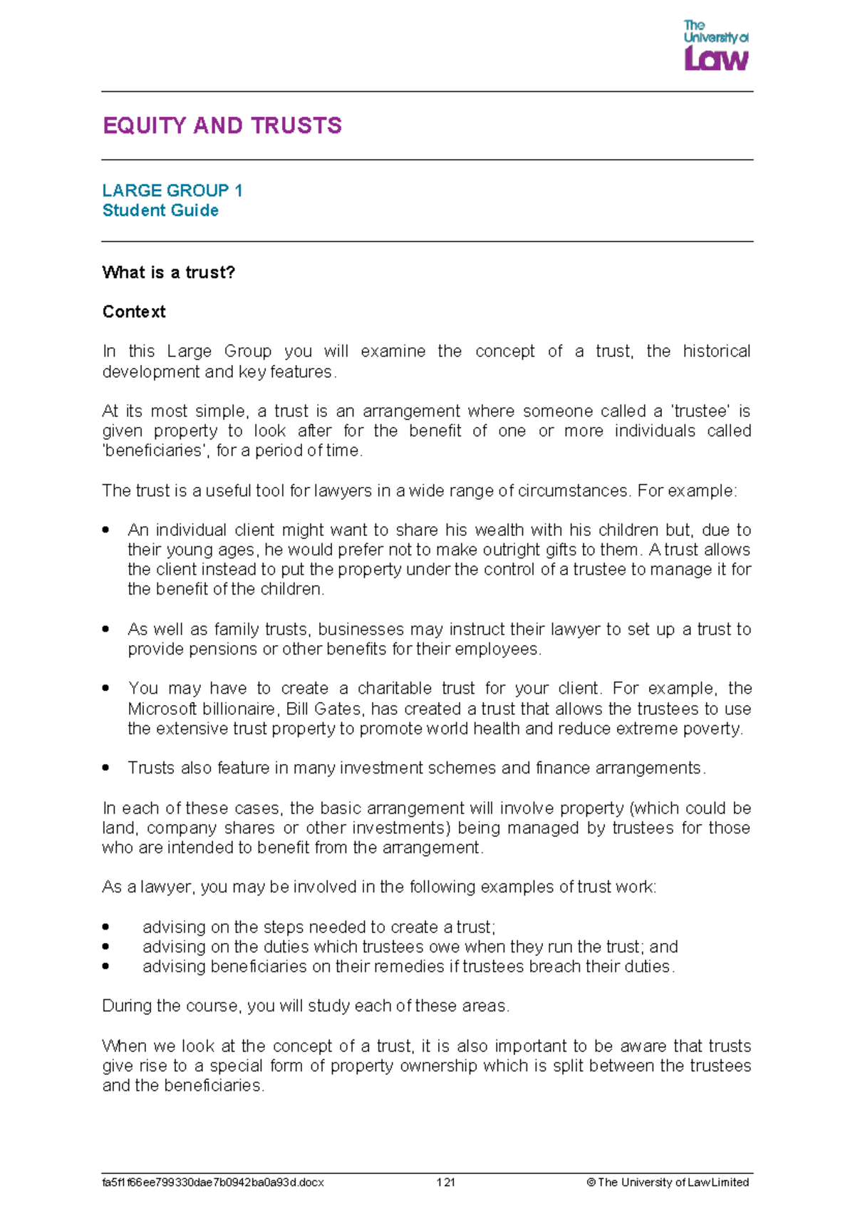 2425 EQTR LG01 CE01 Trusts Overview: Student Guide to Trust Law - Studocu