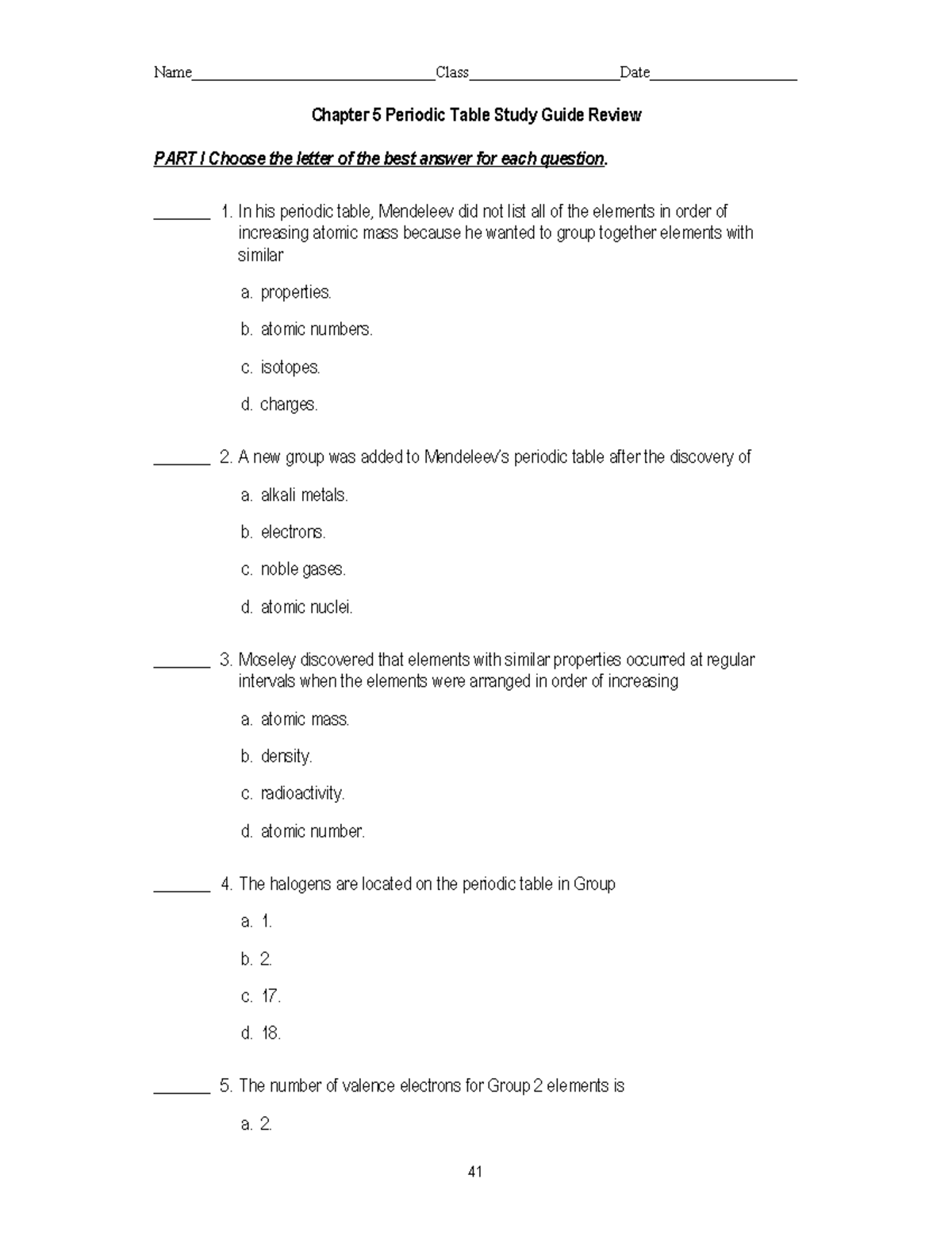 24-25 Chemistry H Chapter 5 Study Guide - Chapter 5 Periodic Table ...