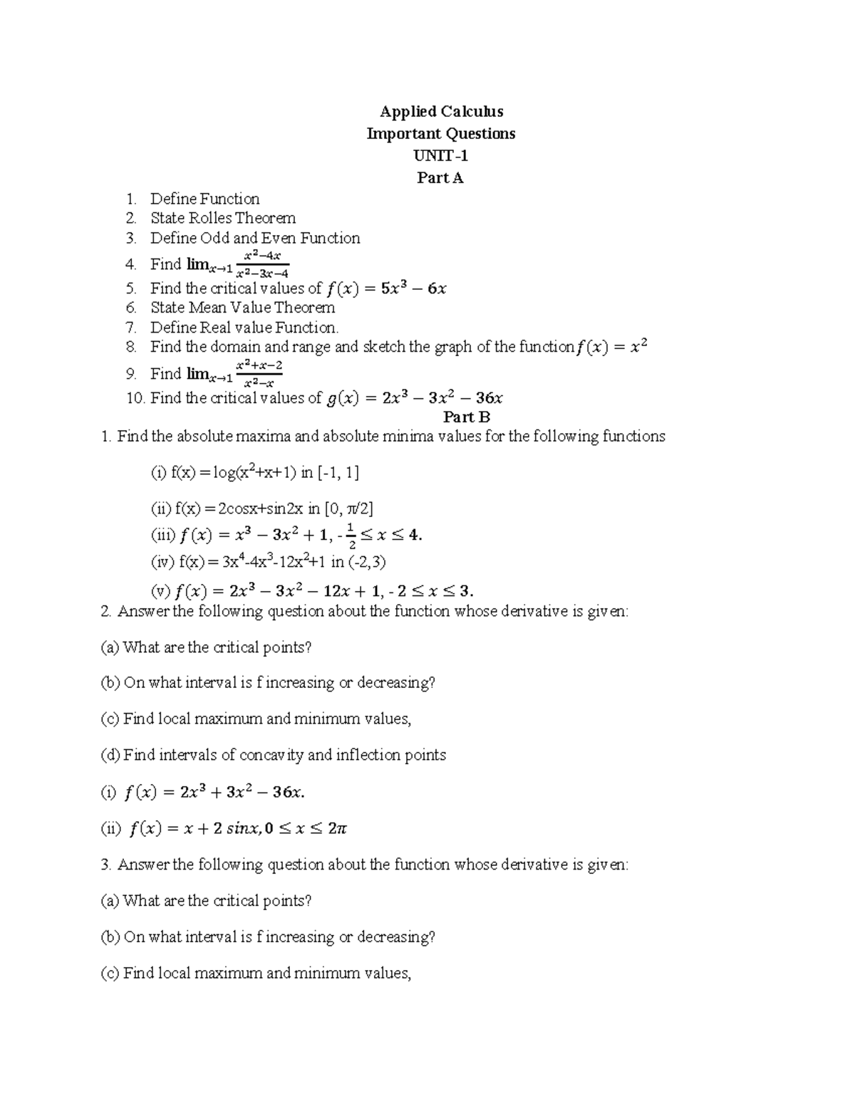Applied Calculus Important Questions Part A & B - Studocu