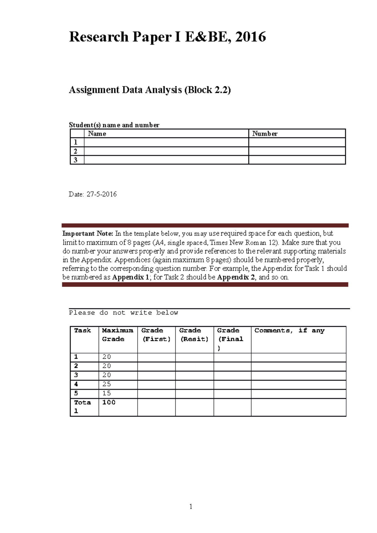 Data Analysis Assignment Research Paper I 2016 (Block 2.2) - Studeersnel