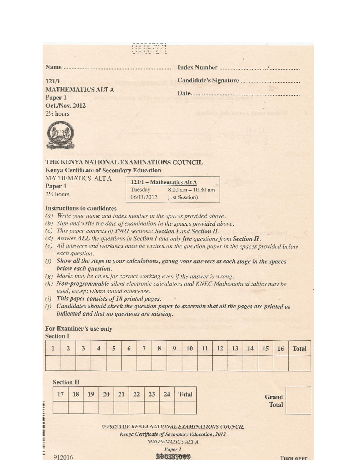 2012 KCSE Mathematics ALT A Paper 1 Exam Guide - Studocu