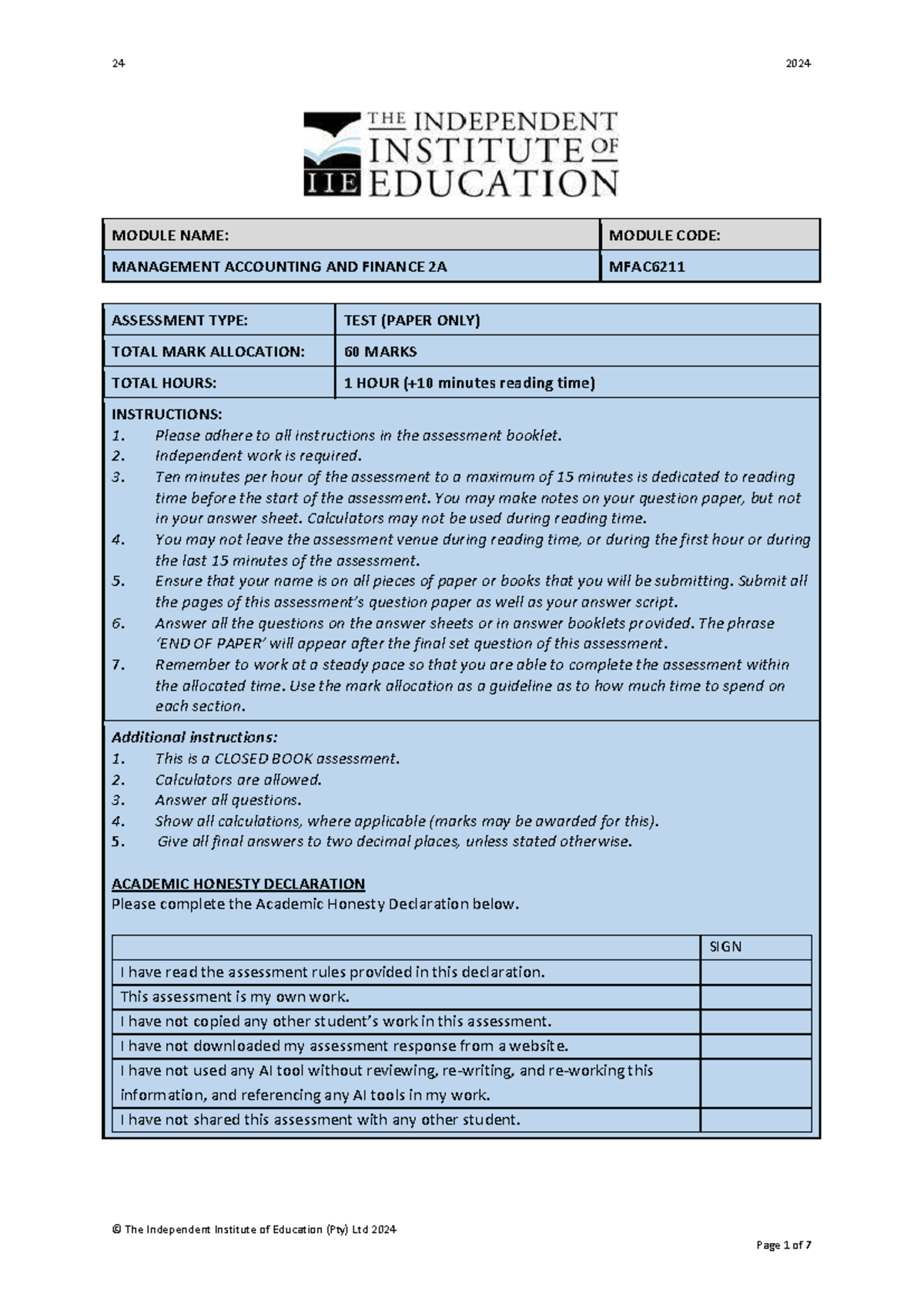 MFAC6211 - Management Accounting & Finance 2A Test 2024 - Studocu