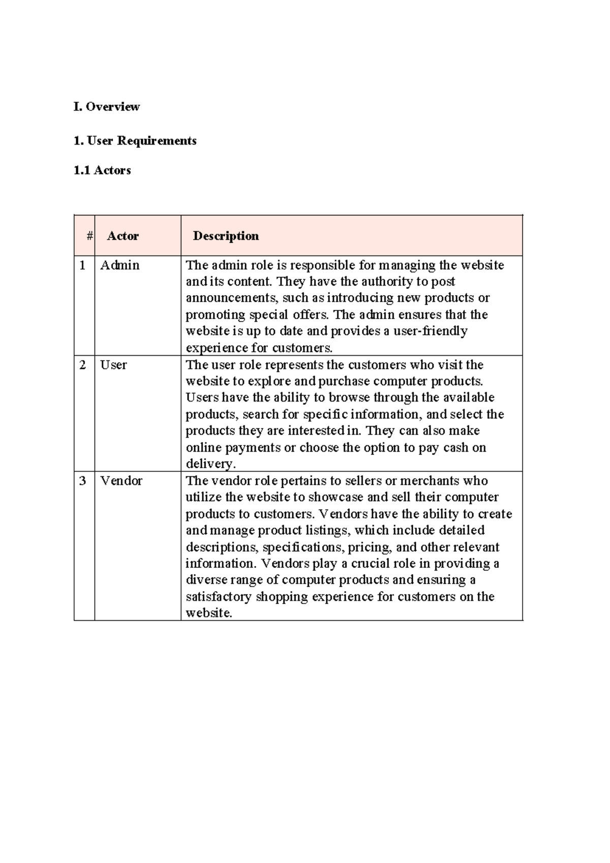 Document Review - aaaaa - I. Overview 1. User Requirements 1 Actors ...