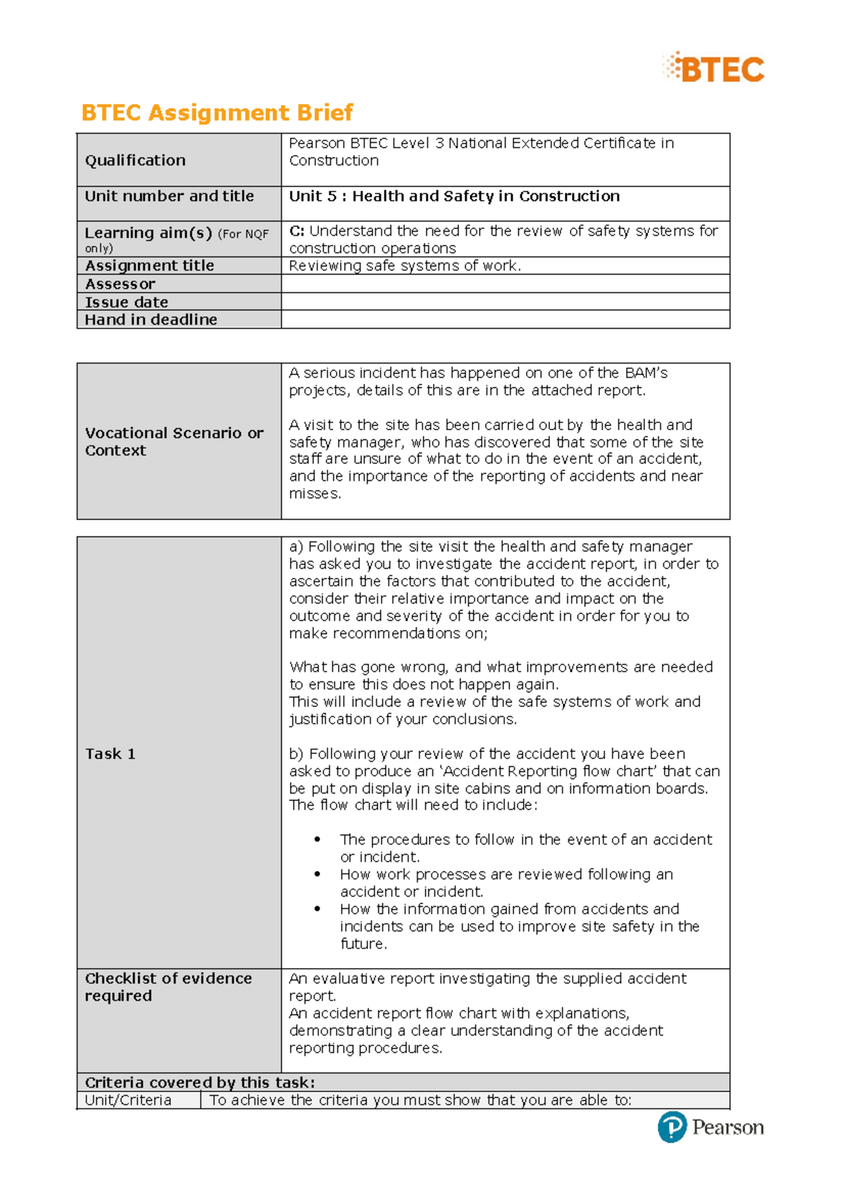 BTEC Level 3 Unit 5: Authorised Assignment Brief for Learning Aim C ...