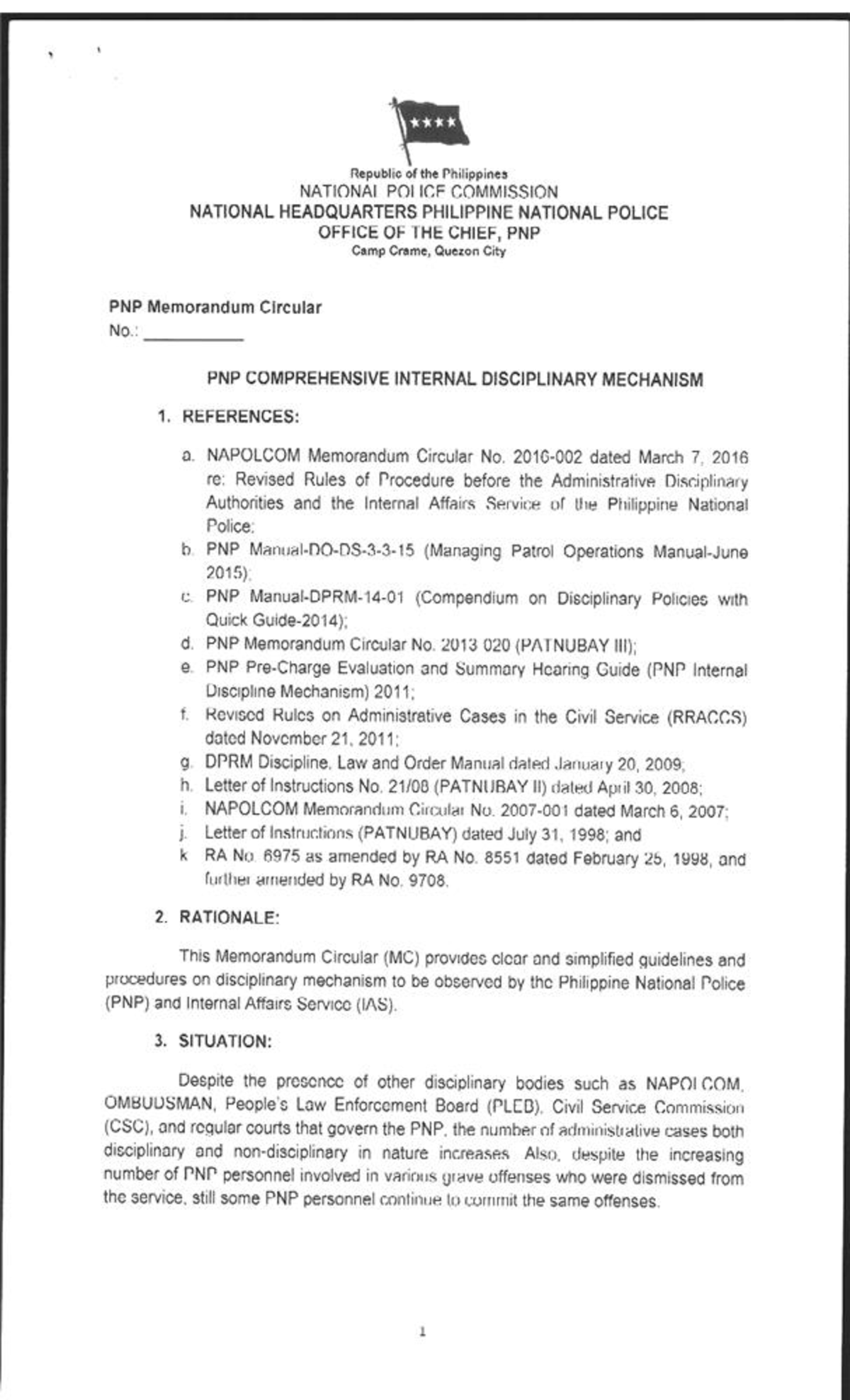 PNP MC 2016-062: Comprehensive Internal Disciplinary Mechanism - Studocu